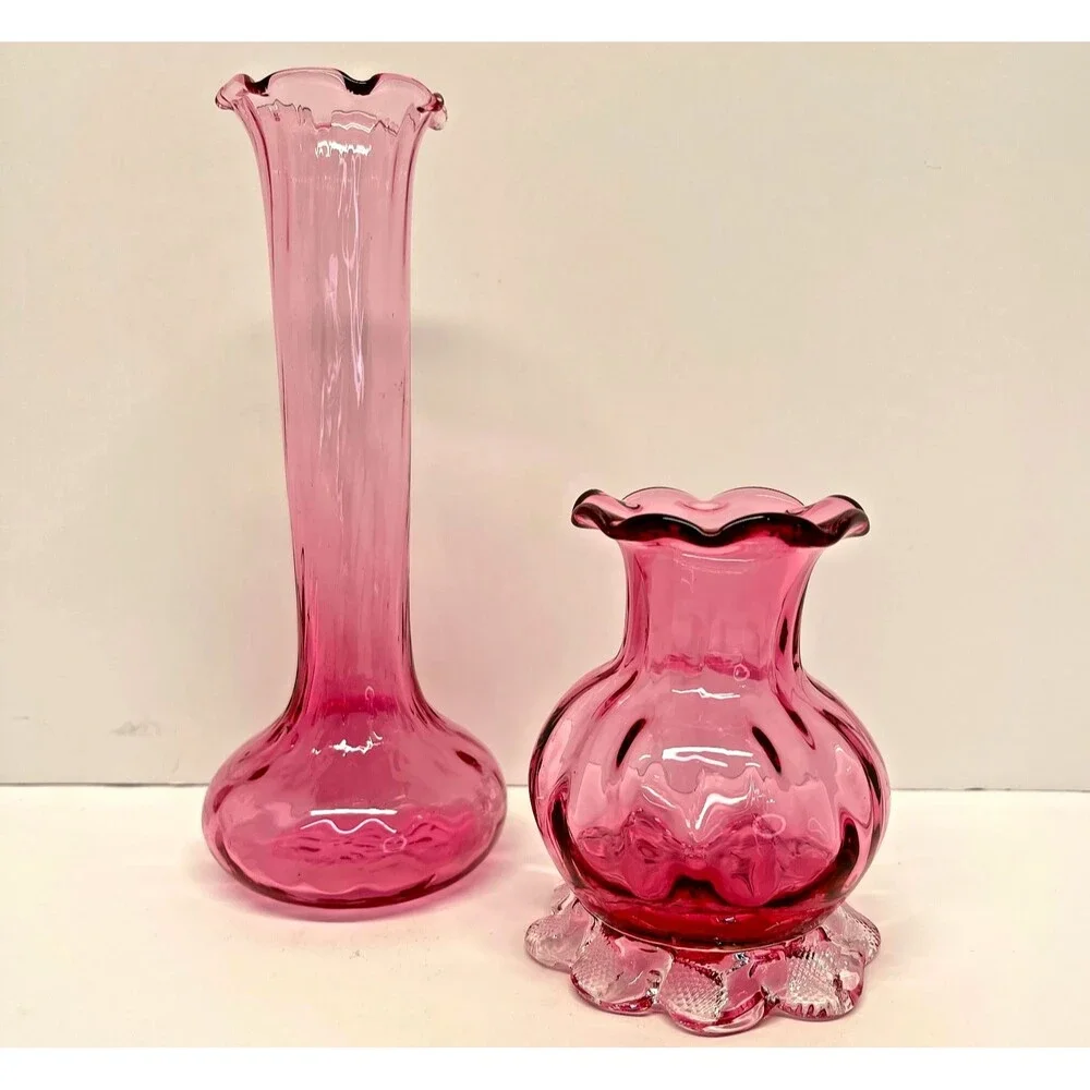 Vintage Cranberry Art Glass Vase Pair – Ruffled Rim Bud Vases, Hand Blown Pink